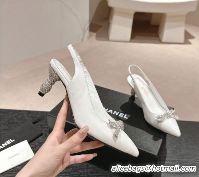 Best Product Chanel Calfskin Slingbacks Pumps 6.5cm with Bow and Crystals White 424184