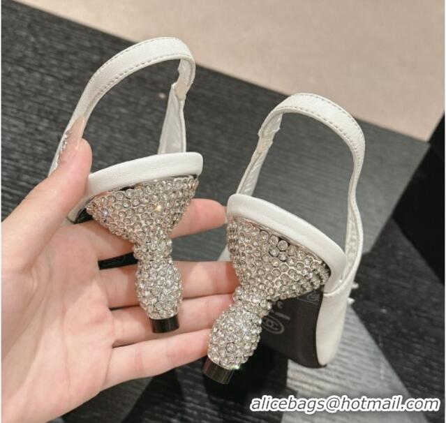 Best Product Chanel Calfskin Slingbacks Pumps 6.5cm with Bow and Crystals White 424184