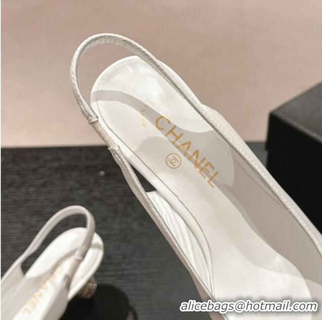 Best Product Chanel Calfskin Slingbacks Pumps 6.5cm with Bow and Crystals White 424184