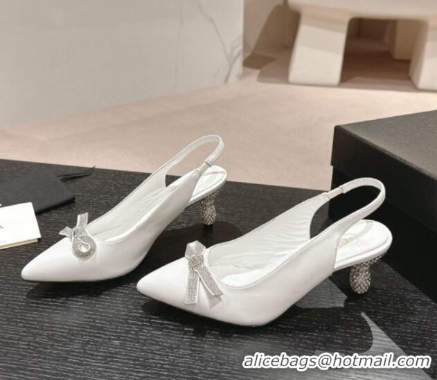 Best Product Chanel Calfskin Slingbacks Pumps 6.5cm with Bow and Crystals White 424184