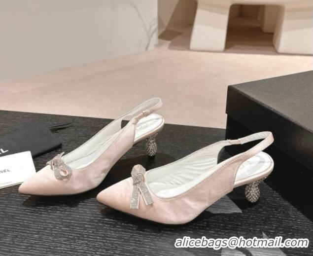 Perfect Chanel Satin Slingbacks Pumps 6.5cm with Bow and Crystals Pink 424185