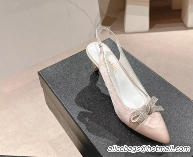 Perfect Chanel Satin Slingbacks Pumps 6.5cm with Bow and Crystals Pink 424185