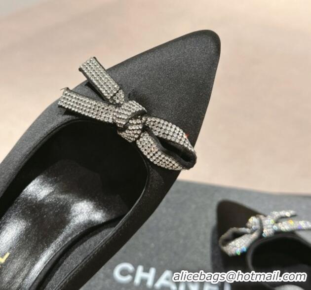 Classic Hot Chanel Satin Slingbacks Pumps 6.5cm with Bow and Crystals Black 424186