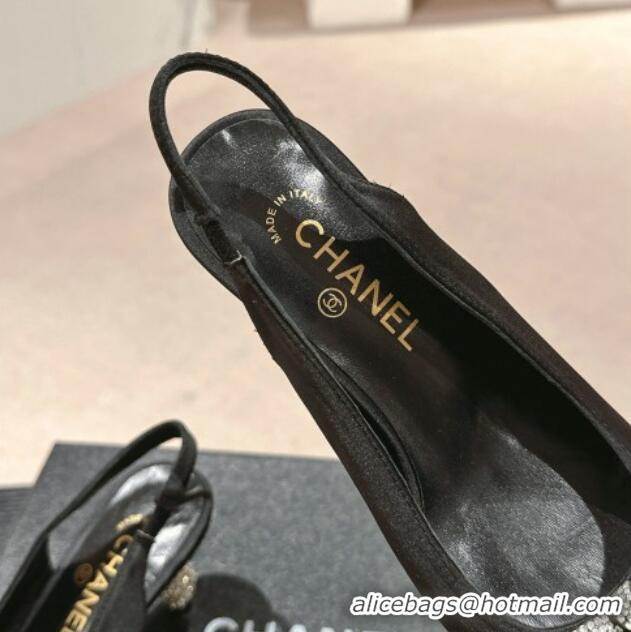 Classic Hot Chanel Satin Slingbacks Pumps 6.5cm with Bow and Crystals Black 424186