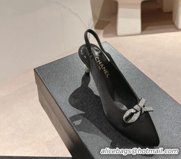 Classic Hot Chanel Satin Slingbacks Pumps 6.5cm with Bow and Crystals Black 424186