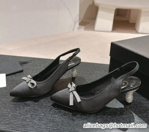 Classic Hot Chanel Satin Slingbacks Pumps 6.5cm with Bow and Crystals Black 424186