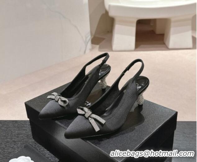 Classic Hot Chanel Satin Slingbacks Pumps 6.5cm with Bow and Crystals Black 424186