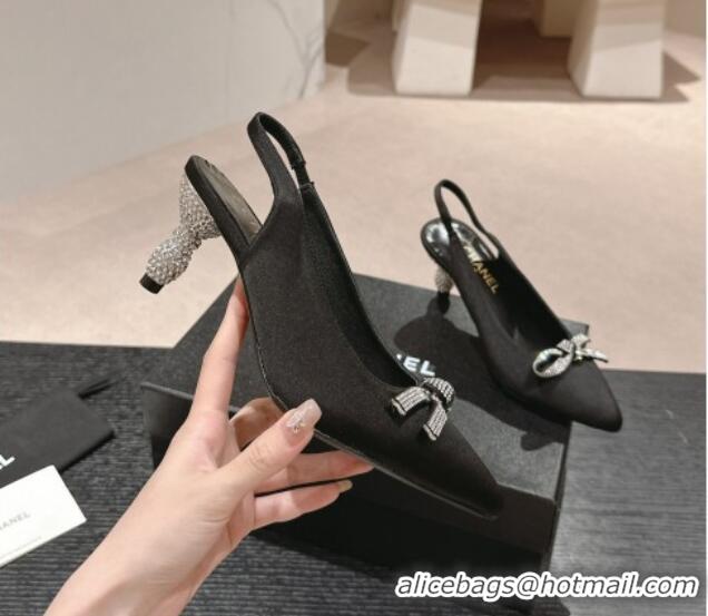 Classic Hot Chanel Satin Slingbacks Pumps 6.5cm with Bow and Crystals Black 424186