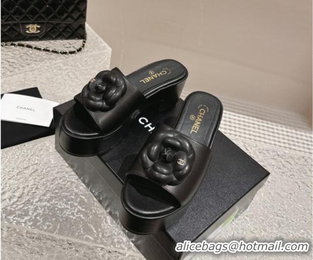 Buy Luxury Chanel Camellia Bloom Lambskin Wedge Platform Slide Sandals 6.5cm Black 424187