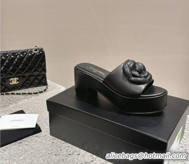 Buy Luxury Chanel Camellia Bloom Lambskin Wedge Platform Slide Sandals 6.5cm Black 424187