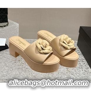 Discount Chanel Camellia Bloom Lambskin Wedge Platform Slide Sandals 6.5cm Beige 424188