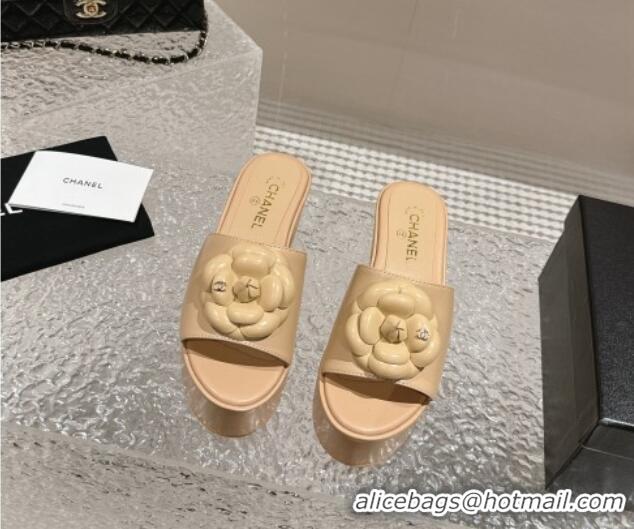 Discount Chanel Camellia Bloom Lambskin Wedge Platform Slide Sandals 6.5cm Beige 424188