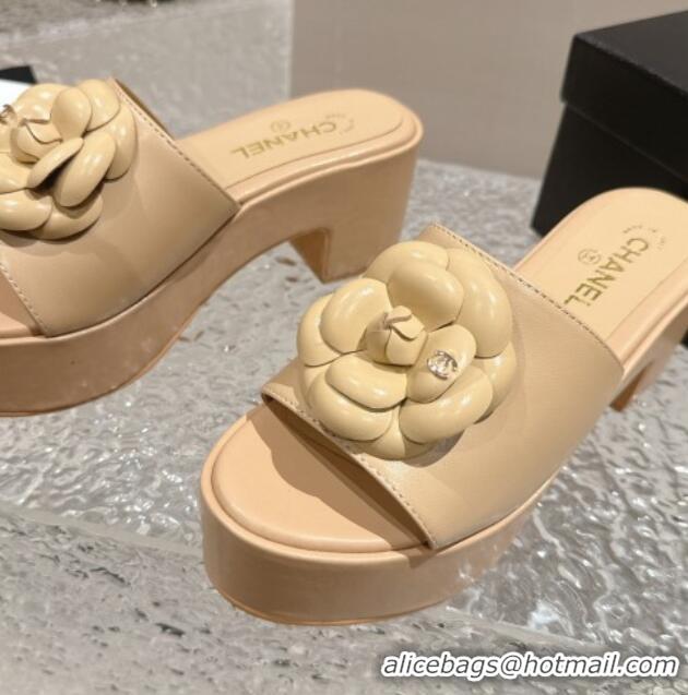 Discount Chanel Camellia Bloom Lambskin Wedge Platform Slide Sandals 6.5cm Beige 424188