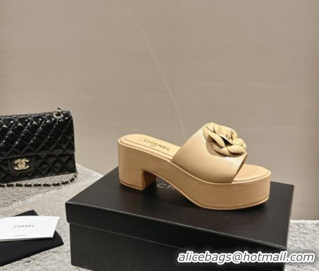 Discount Chanel Camellia Bloom Lambskin Wedge Platform Slide Sandals 6.5cm Beige 424188