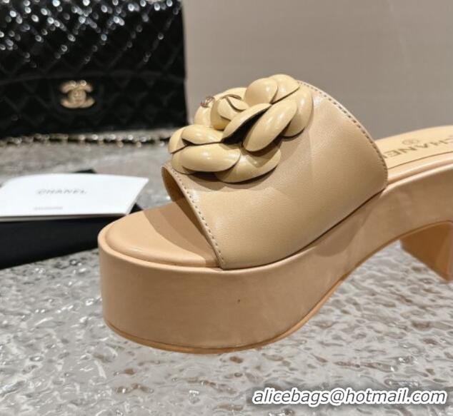 Discount Chanel Camellia Bloom Lambskin Wedge Platform Slide Sandals 6.5cm Beige 424188