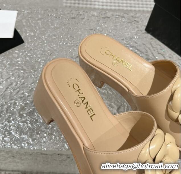 Discount Chanel Camellia Bloom Lambskin Wedge Platform Slide Sandals 6.5cm Beige 424188