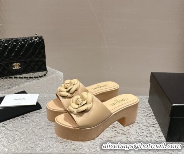 Discount Chanel Camellia Bloom Lambskin Wedge Platform Slide Sandals 6.5cm Beige 424188