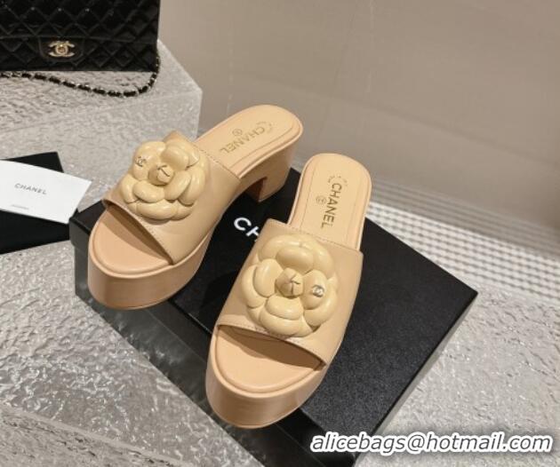 Discount Chanel Camellia Bloom Lambskin Wedge Platform Slide Sandals 6.5cm Beige 424188