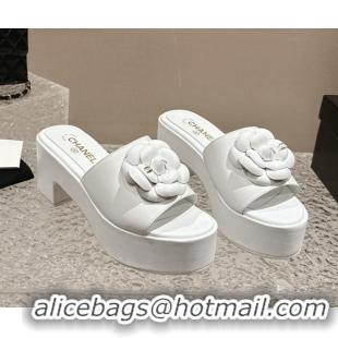 Best Price Chanel Camellia Bloom Lambskin Wedge Platform Slide Sandals 6.5cm White 424189