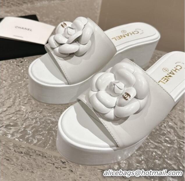 Best Price Chanel Camellia Bloom Lambskin Wedge Platform Slide Sandals 6.5cm White 424189