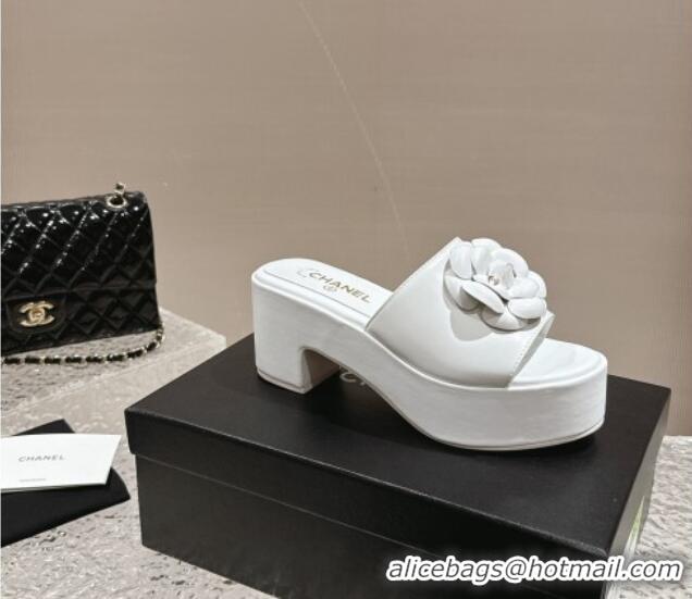 Best Price Chanel Camellia Bloom Lambskin Wedge Platform Slide Sandals 6.5cm White 424189