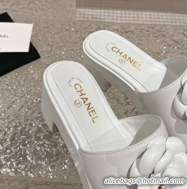 Best Price Chanel Camellia Bloom Lambskin Wedge Platform Slide Sandals 6.5cm White 424189