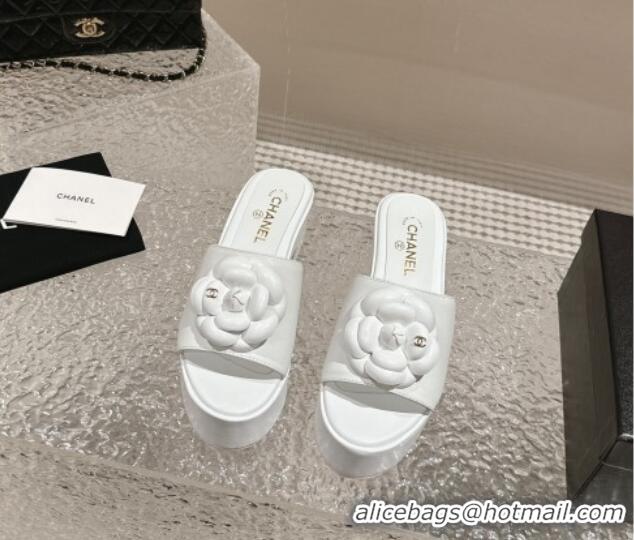 Best Price Chanel Camellia Bloom Lambskin Wedge Platform Slide Sandals 6.5cm White 424189