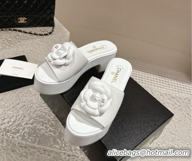 Best Price Chanel Camellia Bloom Lambskin Wedge Platform Slide Sandals 6.5cm White 424189