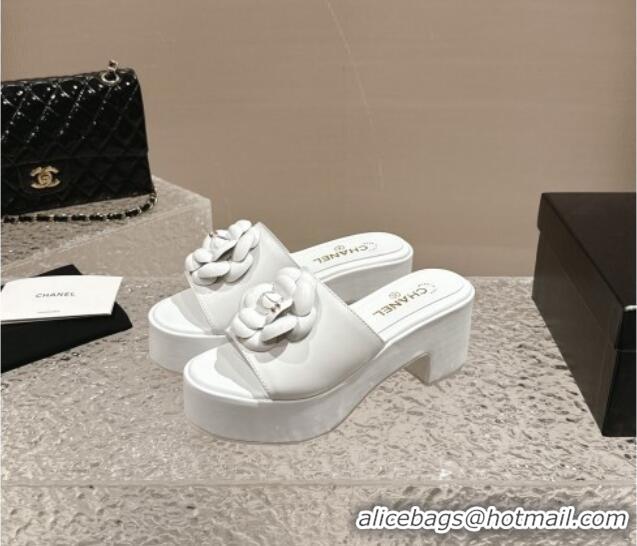 Best Price Chanel Camellia Bloom Lambskin Wedge Platform Slide Sandals 6.5cm White 424189