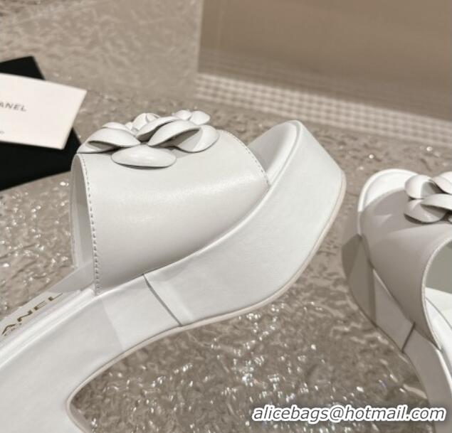 Best Price Chanel Camellia Bloom Lambskin Wedge Platform Slide Sandals 6.5cm White 424189