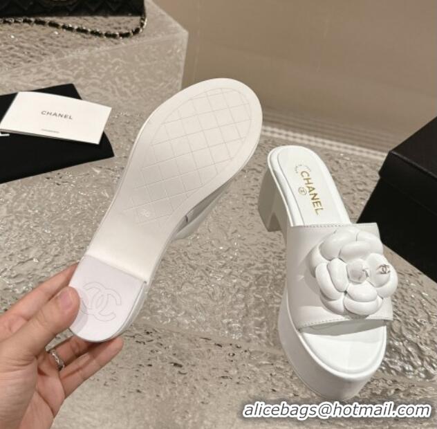 Best Price Chanel Camellia Bloom Lambskin Wedge Platform Slide Sandals 6.5cm White 424189