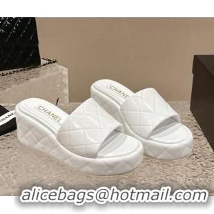 Good Looking Chanel Quilted Lambskin Wedge Platform Slide Sandals 6.5cm White 424190