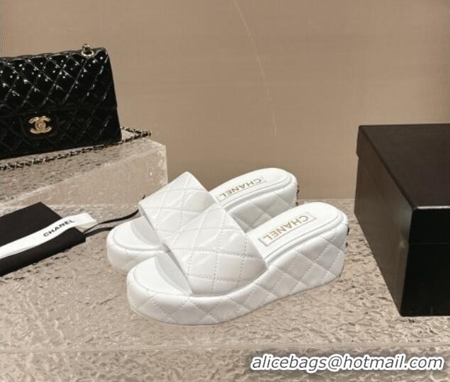 Good Looking Chanel Quilted Lambskin Wedge Platform Slide Sandals 6.5cm White 424190