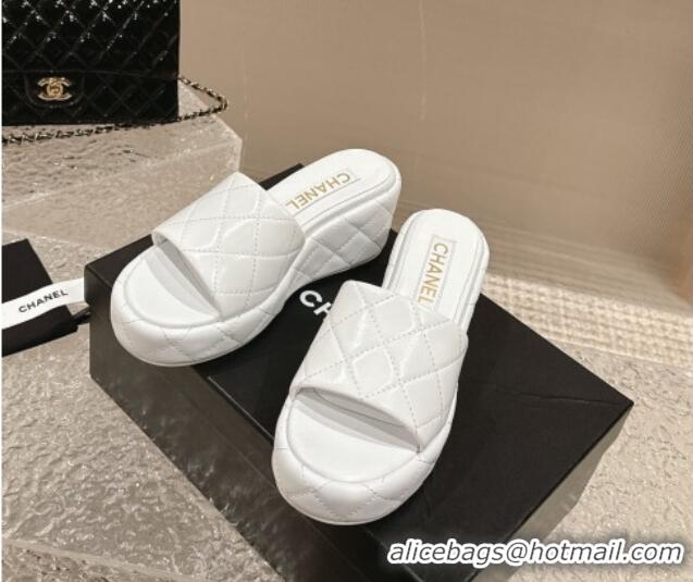 Good Looking Chanel Quilted Lambskin Wedge Platform Slide Sandals 6.5cm White 424190