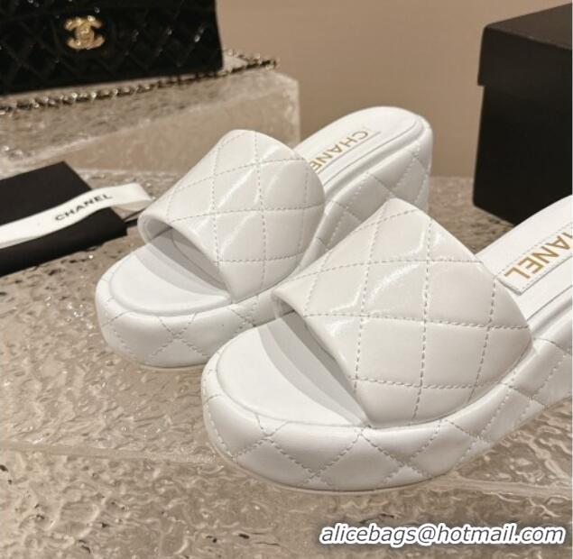 Good Looking Chanel Quilted Lambskin Wedge Platform Slide Sandals 6.5cm White 424190