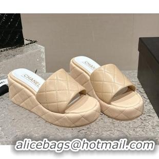 Fashion Chanel Quilted Lambskin Wedge Platform Slide Sandals 6.5cm Beige 424191