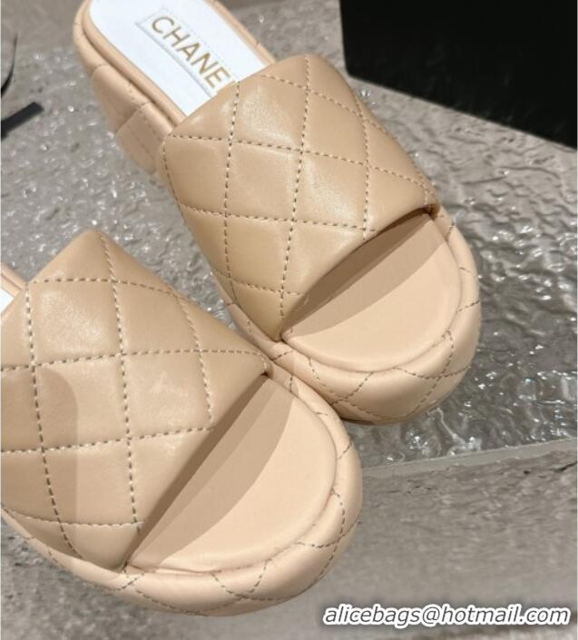 Fashion Chanel Quilted Lambskin Wedge Platform Slide Sandals 6.5cm Beige 424191