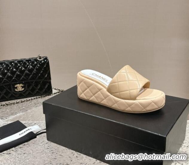 Fashion Chanel Quilted Lambskin Wedge Platform Slide Sandals 6.5cm Beige 424191