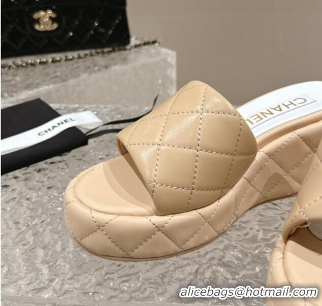 Fashion Chanel Quilted Lambskin Wedge Platform Slide Sandals 6.5cm Beige 424191