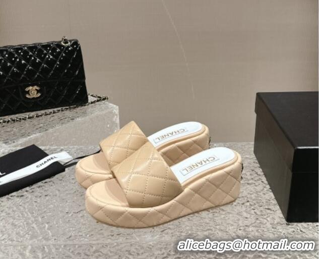 Fashion Chanel Quilted Lambskin Wedge Platform Slide Sandals 6.5cm Beige 424191