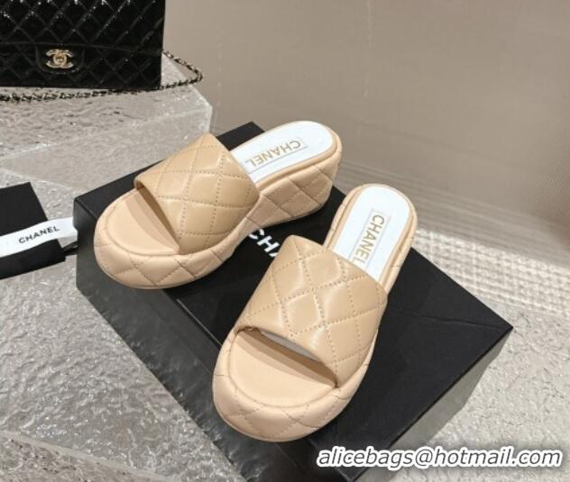 Fashion Chanel Quilted Lambskin Wedge Platform Slide Sandals 6.5cm Beige 424191