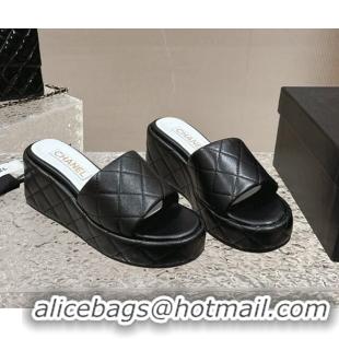 Low Price Chanel Quilted Lambskin Wedge Platform Slide Sandals 6.5cm Black 424192