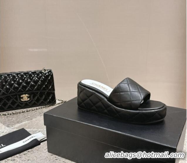 Low Price Chanel Quilted Lambskin Wedge Platform Slide Sandals 6.5cm Black 424192