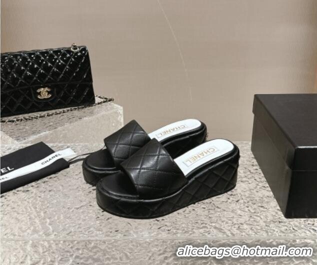 Low Price Chanel Quilted Lambskin Wedge Platform Slide Sandals 6.5cm Black 424192