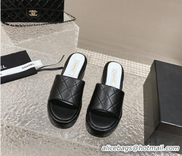 Low Price Chanel Quilted Lambskin Wedge Platform Slide Sandals 6.5cm Black 424192