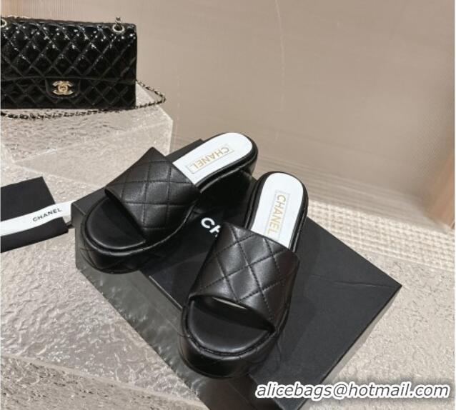 Low Price Chanel Quilted Lambskin Wedge Platform Slide Sandals 6.5cm Black 424192