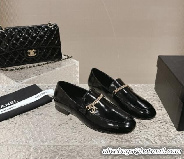 Shop Cheap Chanel Shiny Calfskin Loafers with Chain CC Black 424194