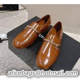 Good Quality Chanel Shiny Calfskin Loafers with Chain CC Brown 424195