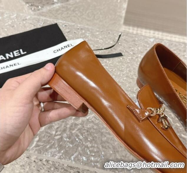 Good Quality Chanel Shiny Calfskin Loafers with Chain CC Brown 424195