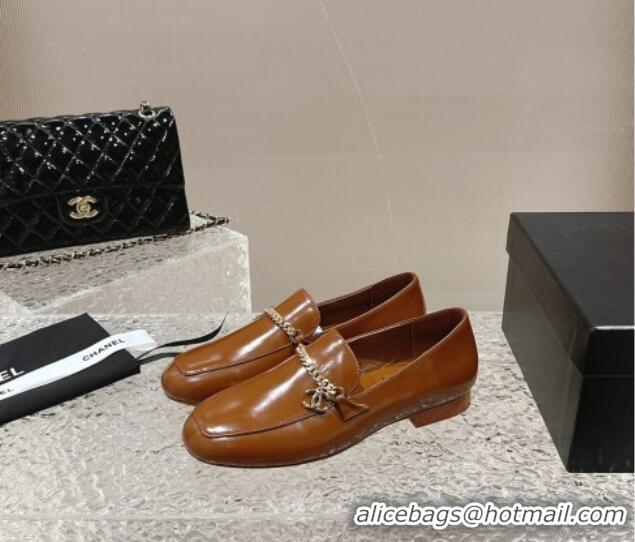 Good Quality Chanel Shiny Calfskin Loafers with Chain CC Brown 424195